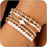 LANWLOSI 5 Pcs Gold Beaded Bracelets Set for Women Trendy 14K Gold Plated Cross Round Bead Pearl Bracelets Stretch Stackable Gold Beads Bracelet Jewelry Accessories