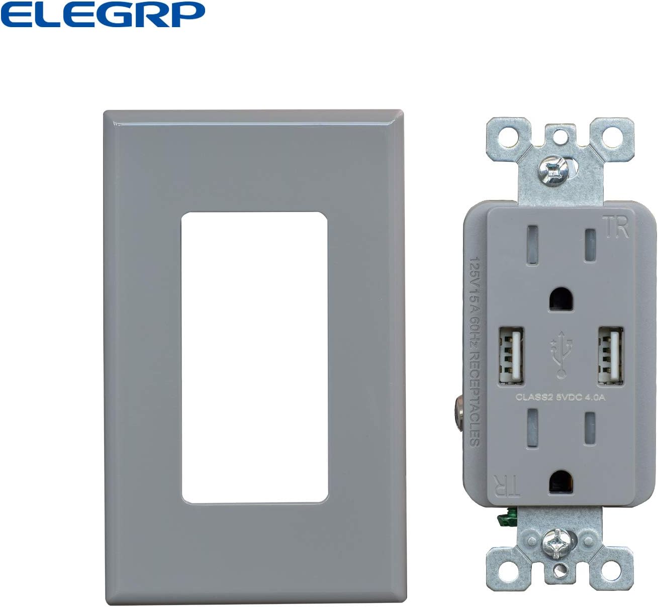 (6 Pack, Glossy Gray) ELEGRP USB Outlet Wall Charger, Dual High Speed 4.0 Amp USB Ports with Smart Chip, 15 Amp Duplex Tamper Resistant Receptacle Plug NEMA 5-15R, Wall Plate Included, UL Listed - - 