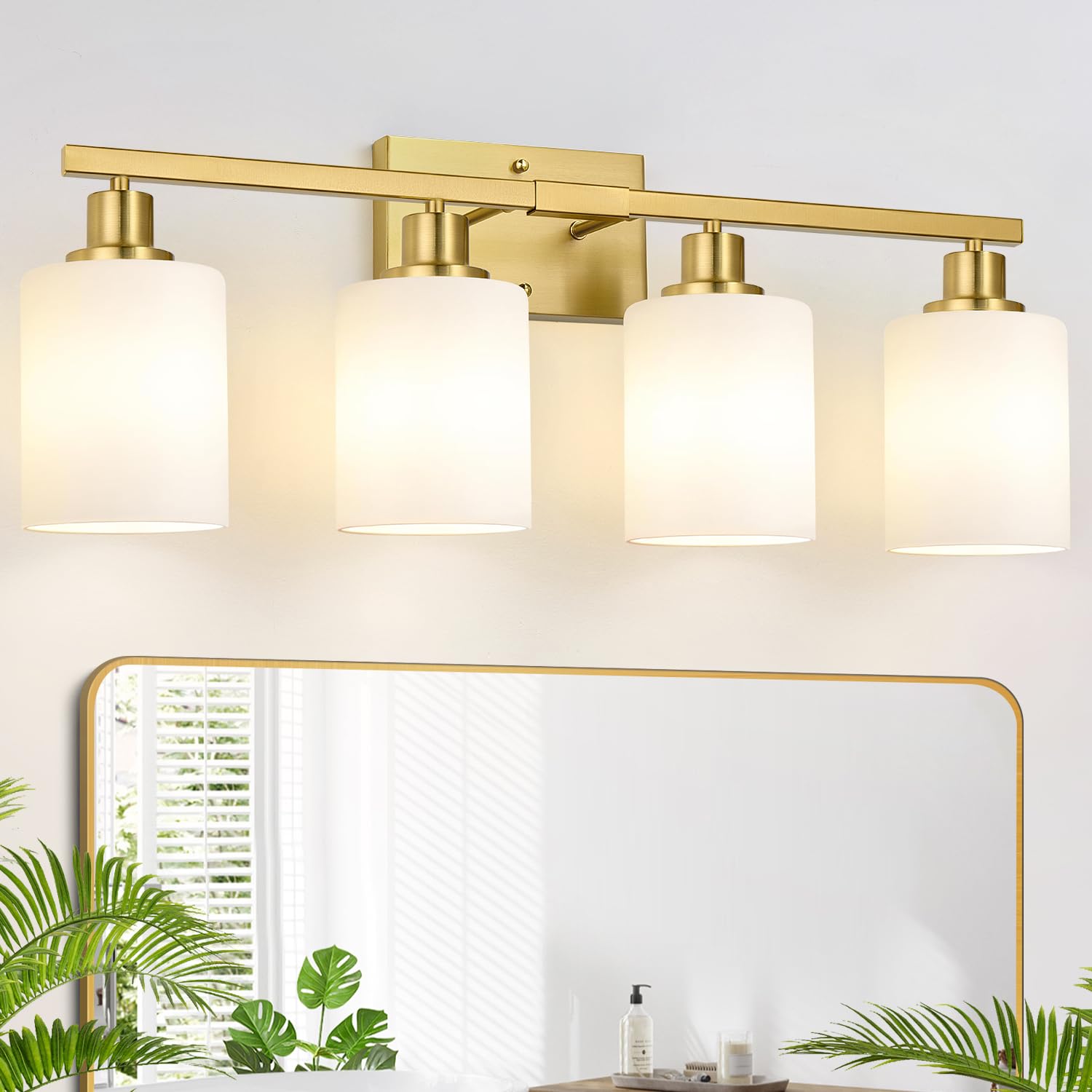 Photo 1 of MOKATNG 4-Light Bathroom Light Fixtures, Brushed Gold Vanity Light with Milky White Shades, Bathroom Lighting Fixtures Over Mirror, Modern Bathroom Wall Lamp for Mirror Living Room Cabinet Bedroom