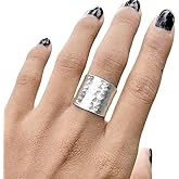 Hammered Sterling Silver Handmade Wide Band Ring, Classic Shiny Finish Flat Wrap Band, Adjustable to Sizes 6-12, Can fit Also as Thumb ring, Gift for Her