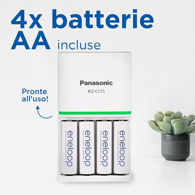 Caricabatterie SmartPlus per Batterie AA/AAA Ni-MH, Include 4 Batterie AA 2000mAh, Ricarica Rapida 1,5 Ore, con LED e 10 Funzioni di Sicurezza