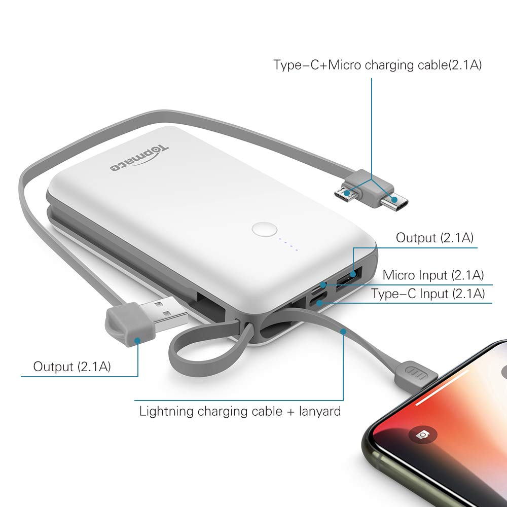 Power Bank Topmate 10000mAh Portable Charger with Built-in Type-C Micro & iOS Cable as Lanyard | Artifice Design for Cellphone and Pad etc. |White