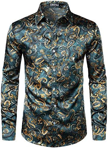 ZEROYAA Men's Hipster Printed Silk Like Satin Button Up Dress