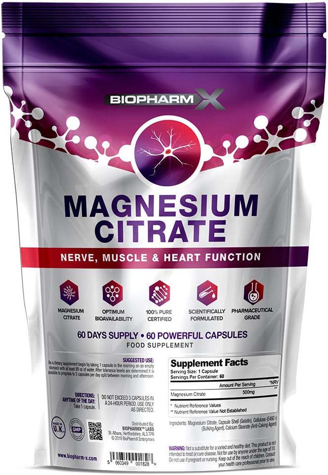 Maximum Strength 500mg Magnesium Citrate Supplement (60 Capsules / 1 Per Day) 100% Pure Certified, Maximum Strength
