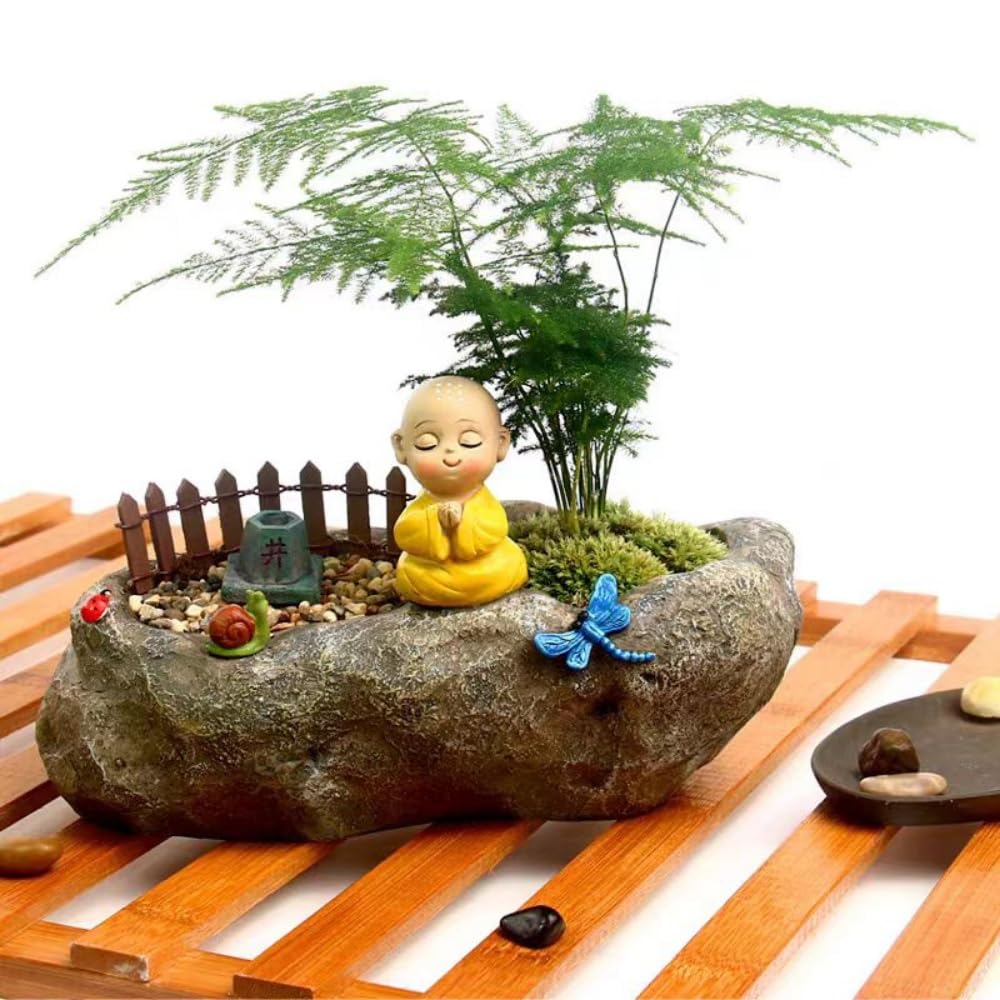 Fantasee Succulent Pot, Small Garden Pots with Drainage Hole, Resin Plants Flower Pots Miniature Ornaments for Home Office Decor (Stone - Little Monk)