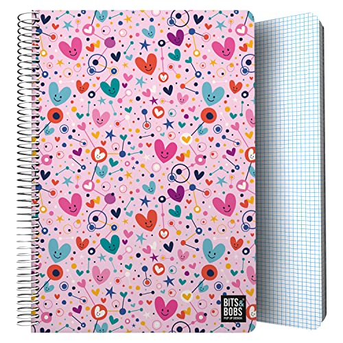 Grafoplás | Cahier à couverture en plastique | 80 feuilles quadrillées 4 x 4 90 g | Taille Folio | Spirale | Collection Design Bits&Bobs Pop Up Design Hearts | Certifié FSC