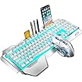 Wireless Keyboard and Mouse, Blue LED Backlit Rechargeable Keyboard with 3800mAh Battery, Metal Panel, Removable Hand Rest Mechanical Feel, 7 Color Gaming Mute Mouse for PC Gamers