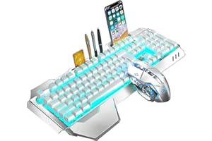 Wireless Keyboard and Mouse, Blue LED Backlit Rechargeable Keyboard with 3800mAh Battery, Metal Panel, Removable Hand Rest Me