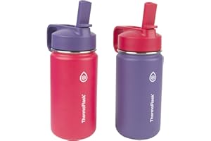 ThermoFlask Double Wall Vacuum Insulated Stainless Steel Kids Water Bottle with Straw Lid, 14 Ounce, 2-pack, Punch/Eggplant