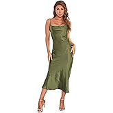 Women's Spaghetti Strap Midi Satin Silk Dresses Slip Cowl Neck Party Cocktail Evening Sexy Dress