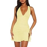 Women Sexy Halter Deep V Neck Ruched Bodycon Dress Summer Side Slit Mesh Hem Cocktail Club Party Short Mini Dresses