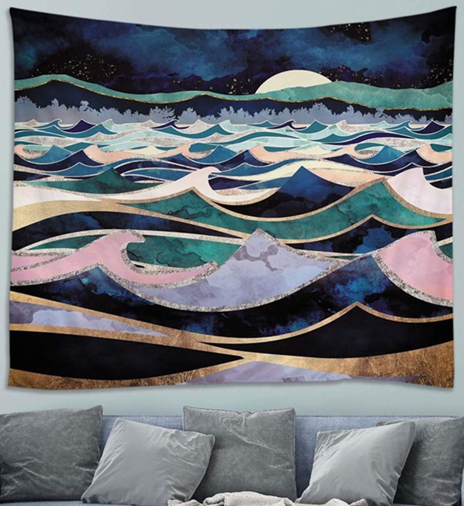 Awesocrafts Tapestry Wall Hanging Ocean Waves and Moon Nature Landscapes, Tapestries for Bedroom College Dorm Living Room Wall Decor Art (Wave, 59x79 inch)