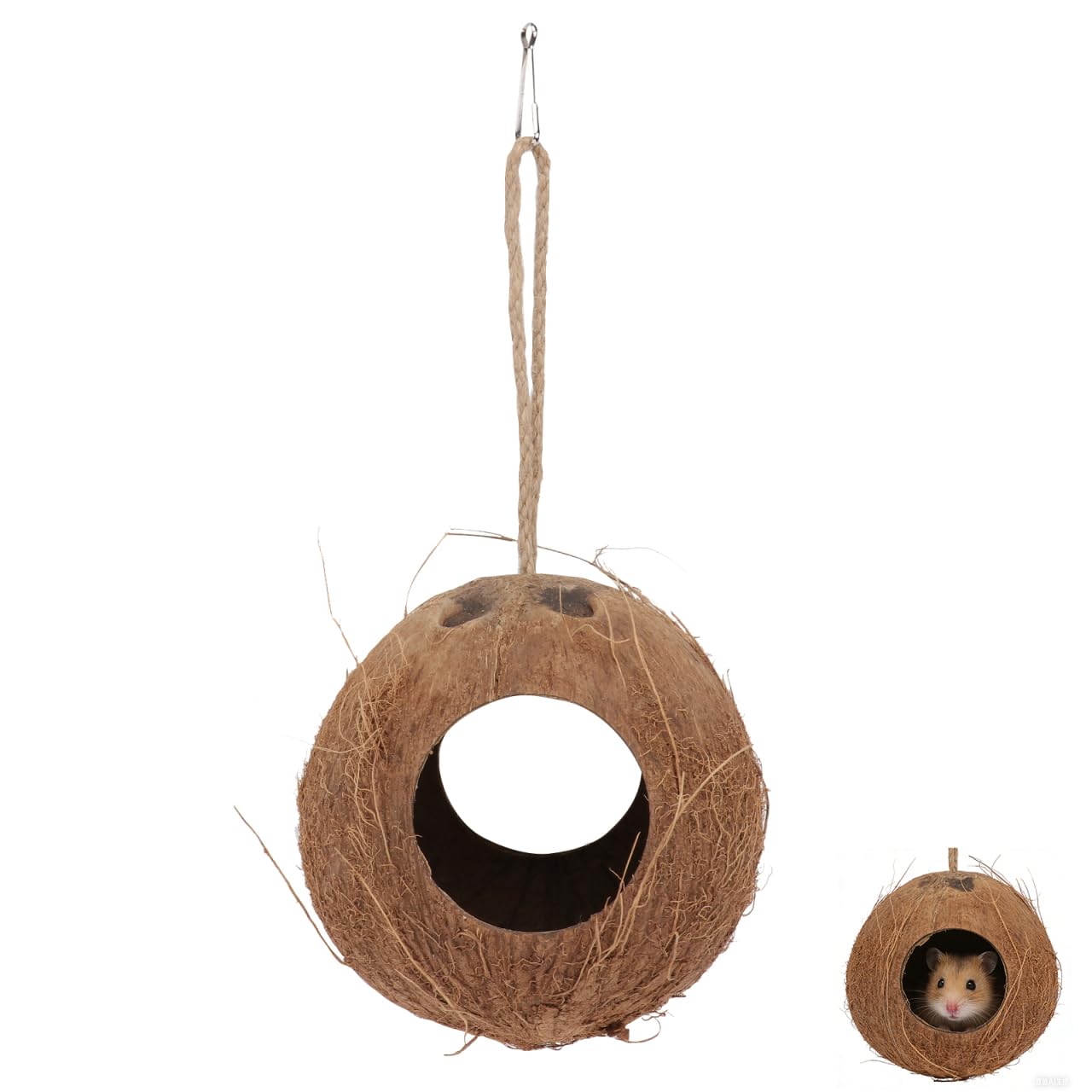 DOITOOL Natural Coconut Shell Hiding Cave 4.72 Inch Small Pet Nest for Hamsters Parrots Lizards Bird Cage Accessory Cozy Shelter and Feeder