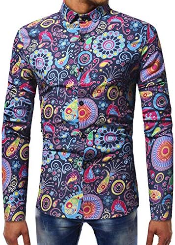 Men's Long Sleeve Easy Care Formal Shirts TUDUZ Mens Hawaiian Shirt Slim Fit Button Down Collar Print Beach Holiday Fancy Dress Shirt