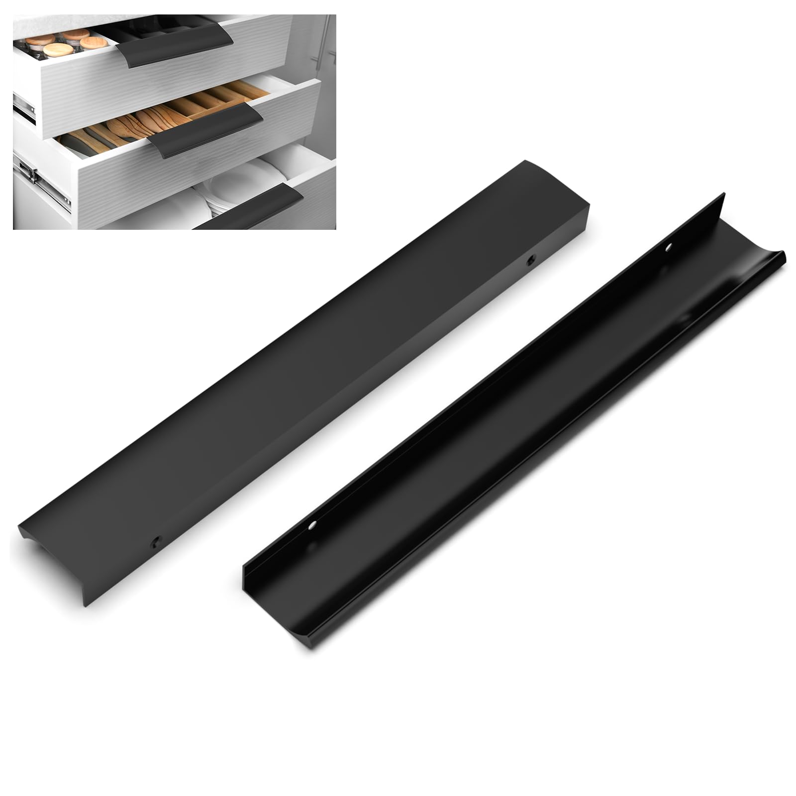 FURNIWARE Drawer Pulls, Pack of 10 Finger Edge Pull Concealed Handle, 224 mm Hole Center Concealed Kitchen Cupboards Drawers Pull - 270 mm Total Length, Matt Black