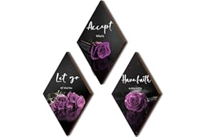 ZINYAZHE 3 Pcs Purple Wall Decor Inspirational Purple Rose Bathroom Decor Wooden Purple Wall Art Office Wall Decor with Accept Let Go Have Faith Sign for Girl Women Living Room Bedroom(Purple Rose 12 x 7 Inch)