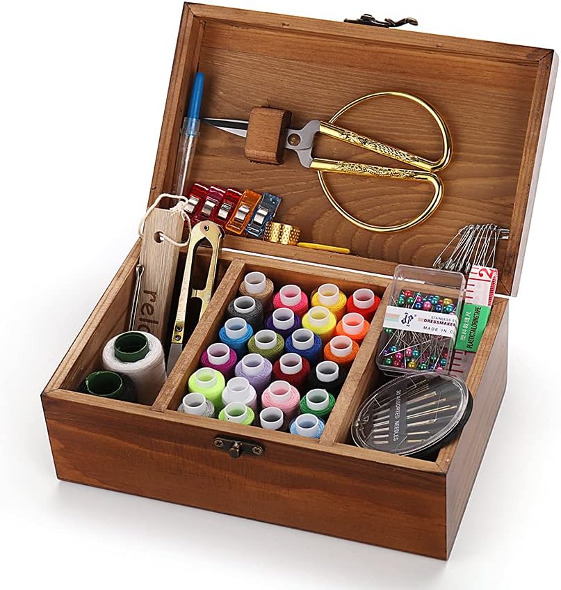magi Gift Wooden Sewing Box Organizer with Sewing Kit Accessories 8.3 x 5.3 x