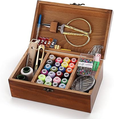 magi Gift Wooden Sewing Box Organizer with Sewing Kit Accessories 8.3 x 5.3 x