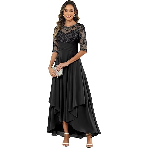 Amazon.com: A-Line Mother of The Bride Dress Asymmetrical Ankle Length  Chiffon Lace Half Sleeve with Beading Ruffles Appliques : Clothing, Shoes &  Jewelry