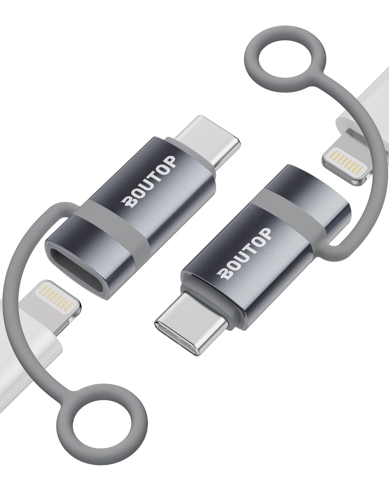 BOUTOP [Apple MFi Certified 60W Lightning to USB C Adapter for Fast Charging Compatible with iPhone 15 Pro/15 Pro Max/15/15 Plus, MacBook, iPad - [2 Pack, Grey]