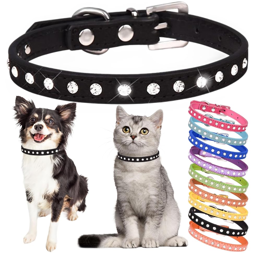 Rhinestone Dog Collar Cute Crystal Diamond Cat Collar Soft Leather Kitten Puppy Collars Adjustable for Small Medium Dogs Black XXS