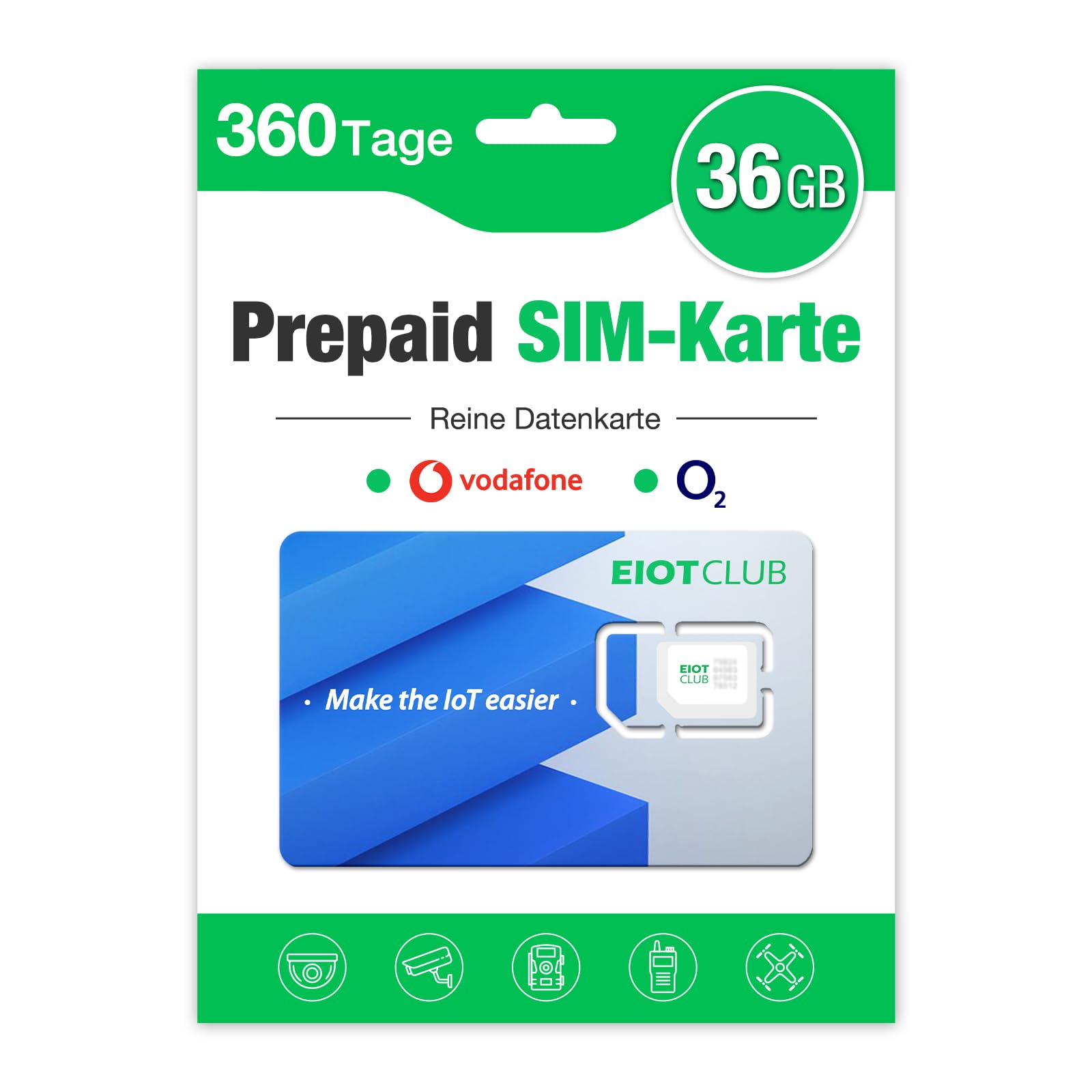 EIOTCLUB Prepaid SIM Card without Contract, Compatible with Vodafone & O2 Network, 36GB for 360 Days, Data Only, No Call or SMS Service