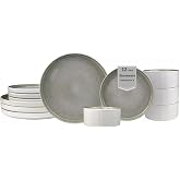 Sango 12 Pieces Stoneware Fluted Dinnerware Set, Modern Cream Dishes for 4, Premium Serving Plates and Bowls Sets, Chip &amp; Scratch Resistant, Ceramic Kitchen Dish, Microwave &amp; Dishwasher Safe, Anderson