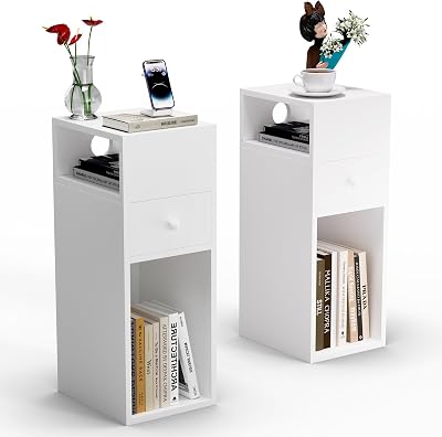 ® Juego de 2 Mesita de Noche Estrecha con 2 Compartimentos Abiertos y 1 Cajón 25x30x66cm, Mesilla de Noche Pequeña Estilo Moderno, Mesa Auxiliar Alta para Dormitorio Salón Sala de Estar, Blanco