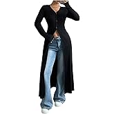 WDIRARA Women's Button Down Long Cardigan V Neck Slit Ribbed Knit Sweater Casual Going Out Tops
