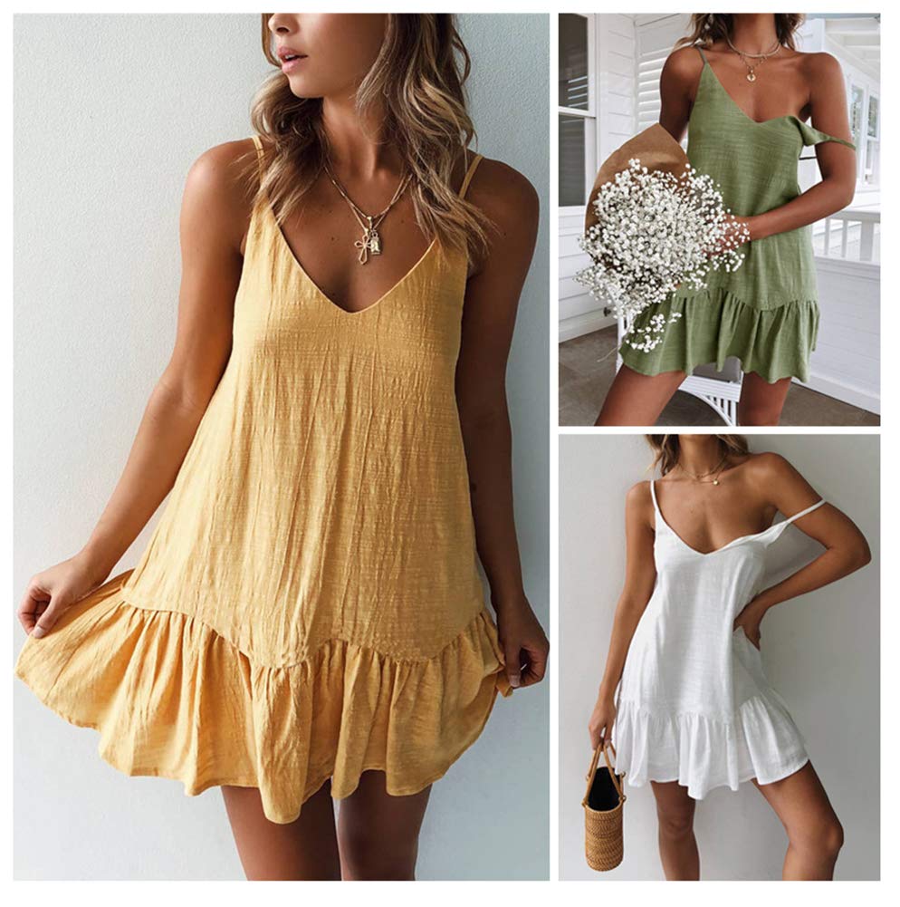 Annystore Women\'s Sleeveless Shift Dress - Spaghetti Strap V Neck Floral Print Flowy Ruffle Beach Short Dress Green L