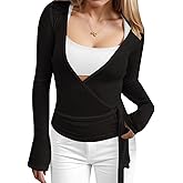 LIWEIKE Women's Wrap Top Long Sleeve Cross Wrap Tie Ballet Tops Deep V Neck Solid Slim Fit Pilates Yoga Workout T Shirts (US, Alpha, Large, Regular, Regular, Black)