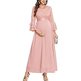 CYCLAMEN Floral Lace Maternity Maxi Dress Ruffle Bell Sleeves Crew Neck Elegant Chiffon Evening Gown Baby Shower Wedding