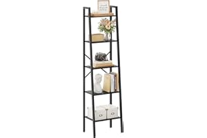 Hoctieon 5-Tier Industrial Ladder Bookshelf, Narrow Ladder Shelf, Tall Standing Bookshelf, Skinny Open Ladder Shelf, for Living Room, Home Office, Kitchen, Bedroom, Metal Frame, Black