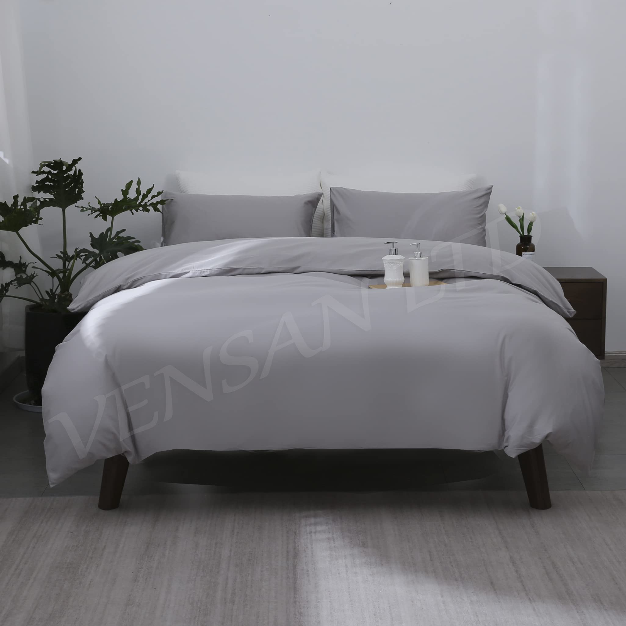 Vensan Duvet Cover & 2 Pillowcases Bed Set, Size: King, 100% Cotton Satin, 300 Thread Count, Silver Grey. โ image 1