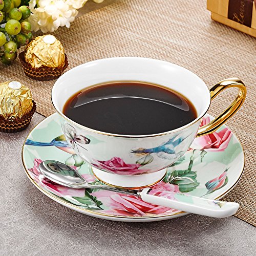 Panbado 3 Piece Bone China Tea Cup Saucer Set With Spoon, Porcelain Gold Rimmed Teacup Coffee, Flower And Birds, 200 mL/6.8 oz., Green - Thumbnail 7