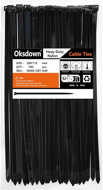 Oksdown 100 Pack Black Thick Cable Ties 200mm 7.6mm Heavy Duty Nylon