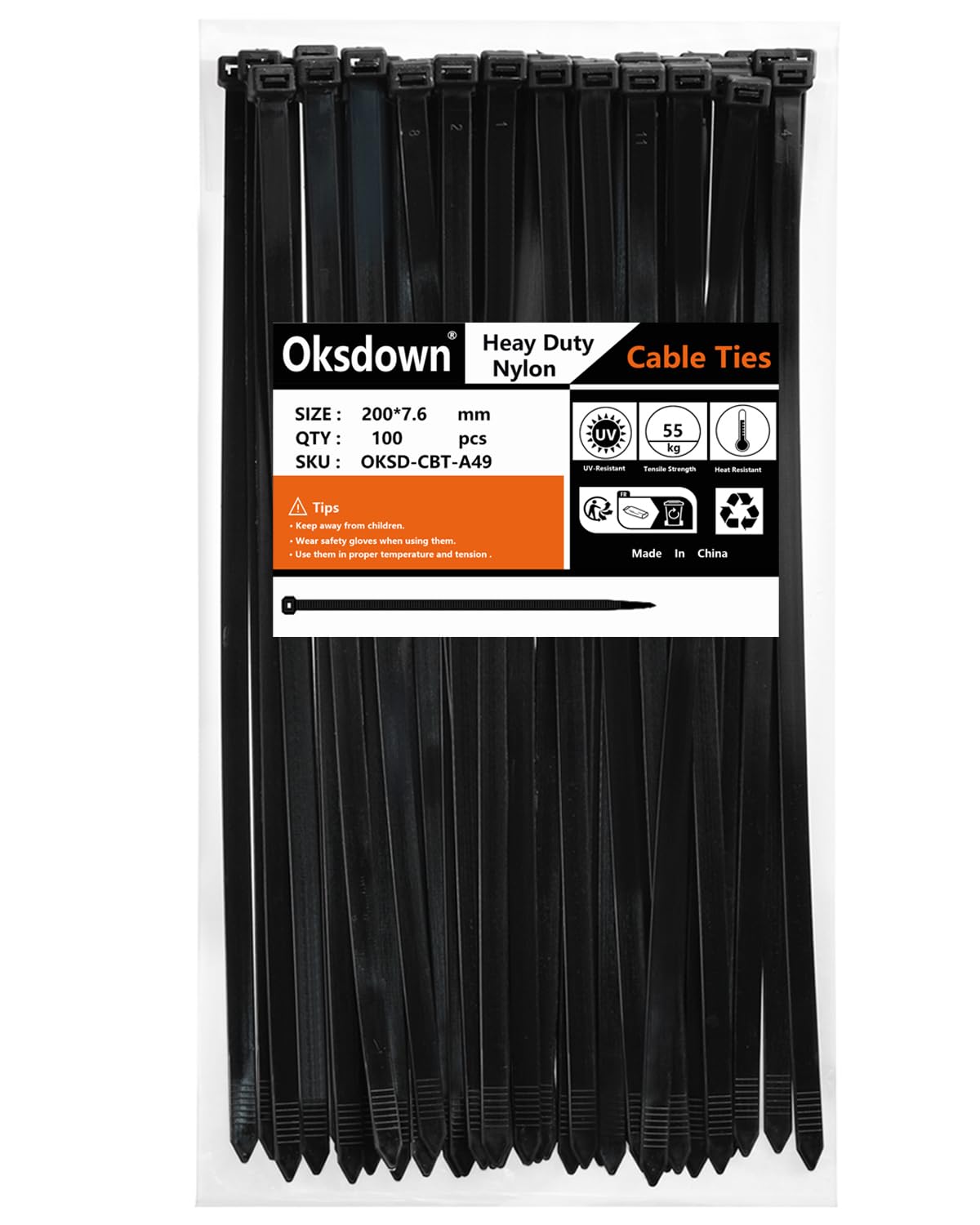 Oksdown 100 Pack Black Thick Cable Ties Heavy Duty Large 200mm×7.6mm Strong Nylon Plastic Self Locking 8 inch/20 cm Extra Long Zip Tie Wraps