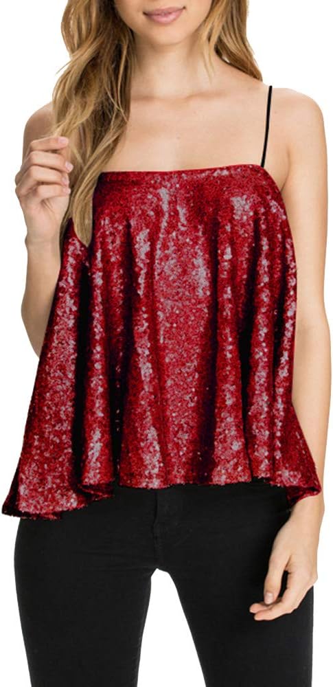 VERO VIVA Women's Sparkly Sequin Tank Tops Spaghetti Strap Shimmer Fit Club Vest