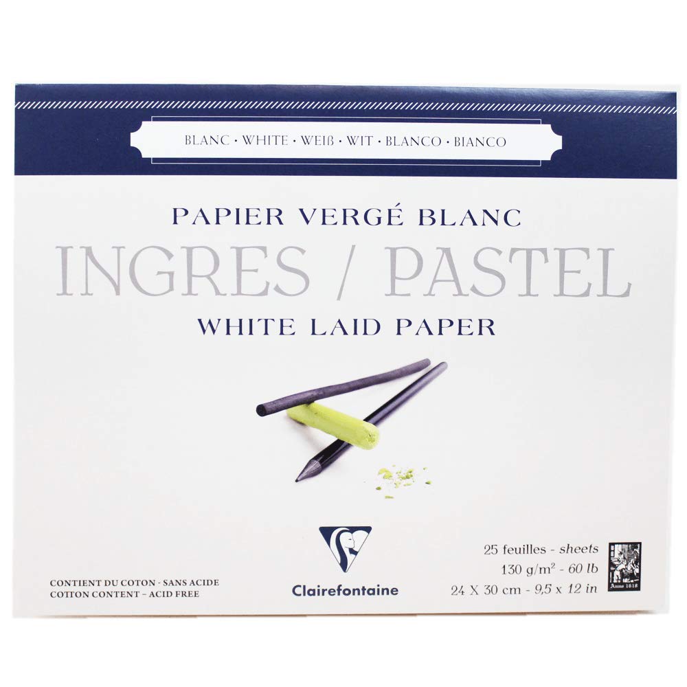 Clairefontaine - Ref 96482C - Ingres White Pastel Glued Laid Paper Pad (Pack of 25 Sheets) - 24 x 30cm, 130gsm Tinted Cotton, Top Glue Bound - Suitable for Dry Techniques