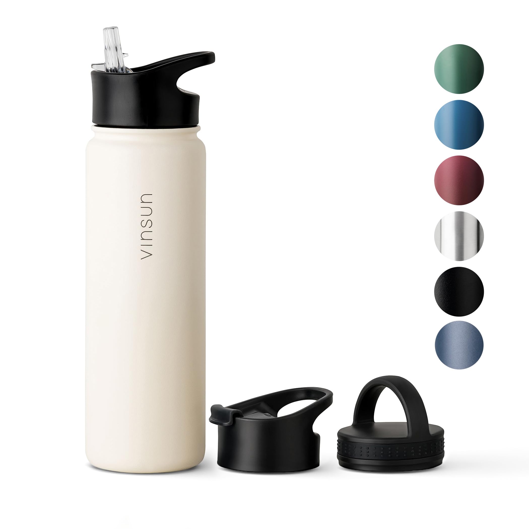 Vinsun Stainless Steel Water Bottle 750ml - 3 Lids - Leakproof, BPA Free, Lightweight - Vacuum Insulated Thermo Flask - Travel, Sports, Gym, Bike, School, Work