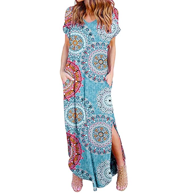 women's casual loose pocket long dress short sleeve split maxi dresses