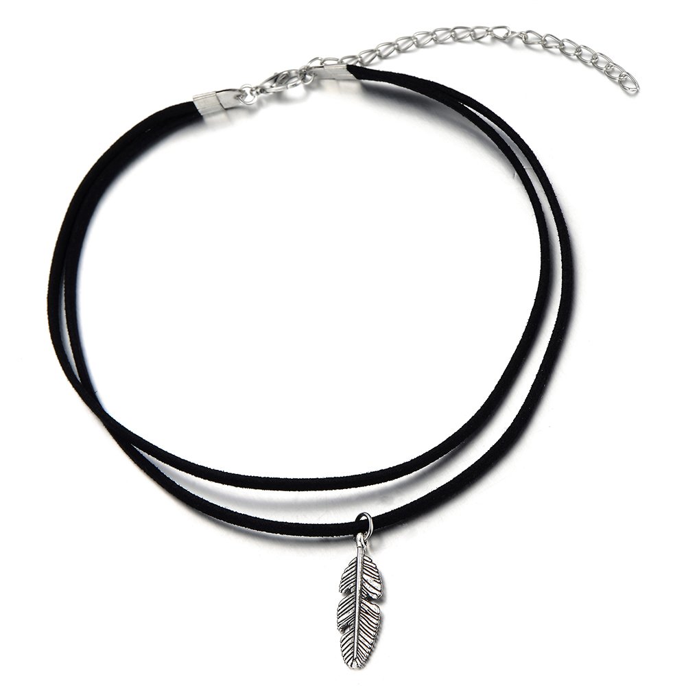 COOLSTEELANDBEYOND Ladies Womens Girls Black Choker Necklace with Feather