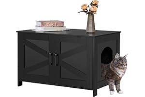 Homhedy Cat Litter Box Enclosure, Wooden Cat Washroom Furniture with Barn Door, Pet House, Fit Most of Litter Box, Black