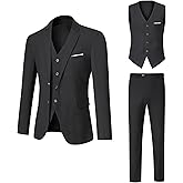 DEETRUST Men's Suit 3 Piece Slim Fit Suit Set, Two Button Solid Jacket Vest Pants with Tie, Men Tuxedo Suit Set