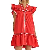 HOULENGS Women's Summer Ruffle Cap Sleeve Flowy Short Dresses Button Down V Neck A Line Babydoll Mini Dress with Pockets Red X-Large