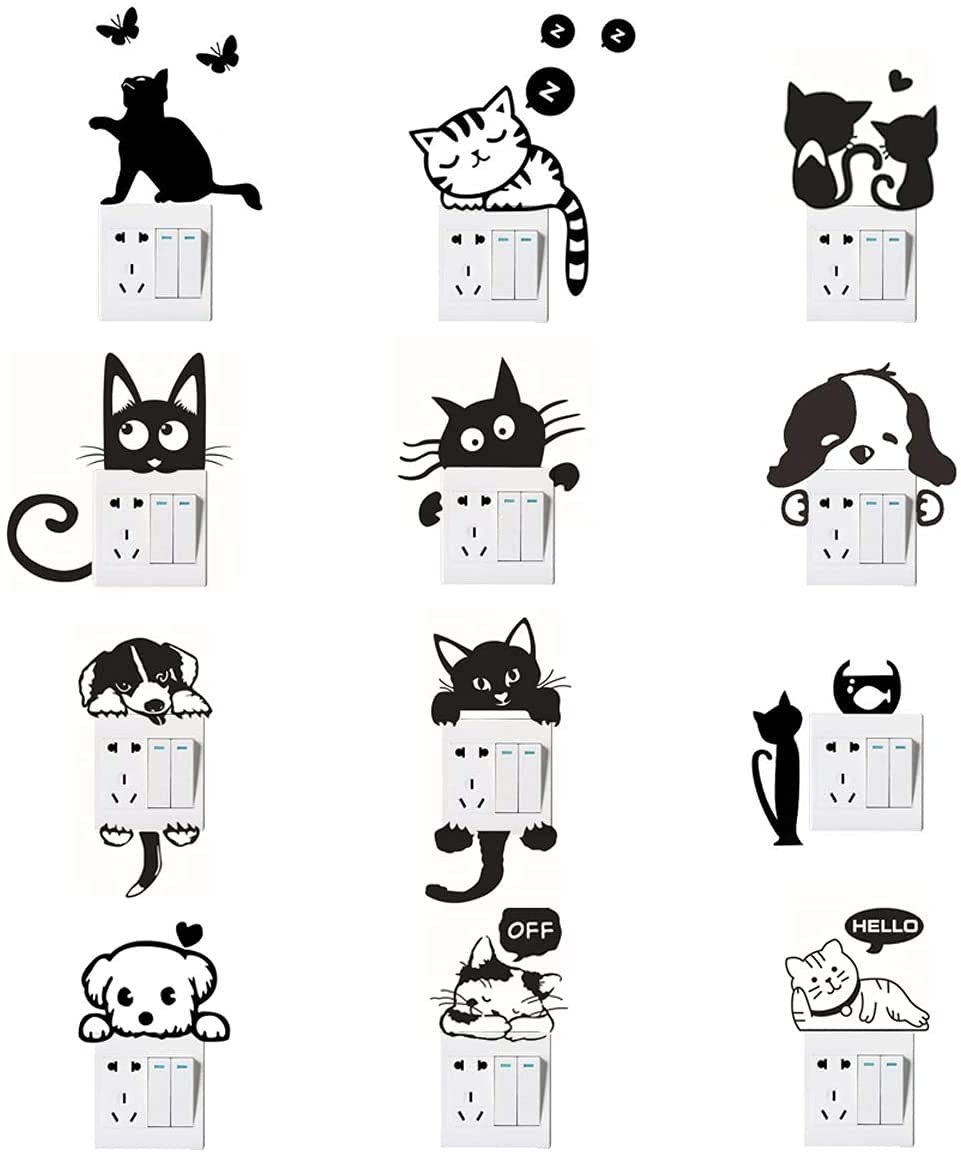SwirlColor Wall Switch Stickers, Cat Dog Light Switch Stickers Funny Animal Wall Decals for Bedroom Living Room Black 12 Pcs