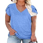 Womens Plus Size Tops V Neck T Shirts Casual Loose Petal Sleeve Tee Shirts