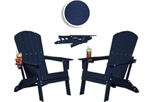 Plawdlik Folding Adirondack Chair, SGS Tested, Wooden Textured with Cup Holder, Heavy All-Weather HDPE Comfortable Set Poolside Backyard Lawn Navy Blue