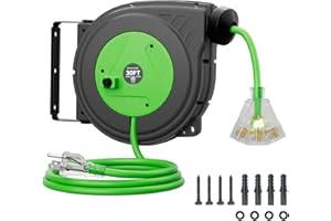 ISLEWIRE 30FT Retractable Extension Cord Reel, 16AWG/3C SJTOW Heavy Duty Power Cord Reel with Lighted Triple Outlets, 10A Circuit Breaker, Lightweight Ceiling/Wall Mount Reel for Garage, ETL Listed, Green