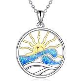 POPLYKE Wave Necklace 925 Sterling Silver Ocean Wave Sun Pendant Necklace Beachy Sea Pendant Ocean Wave Sun Jewelry for Women Men